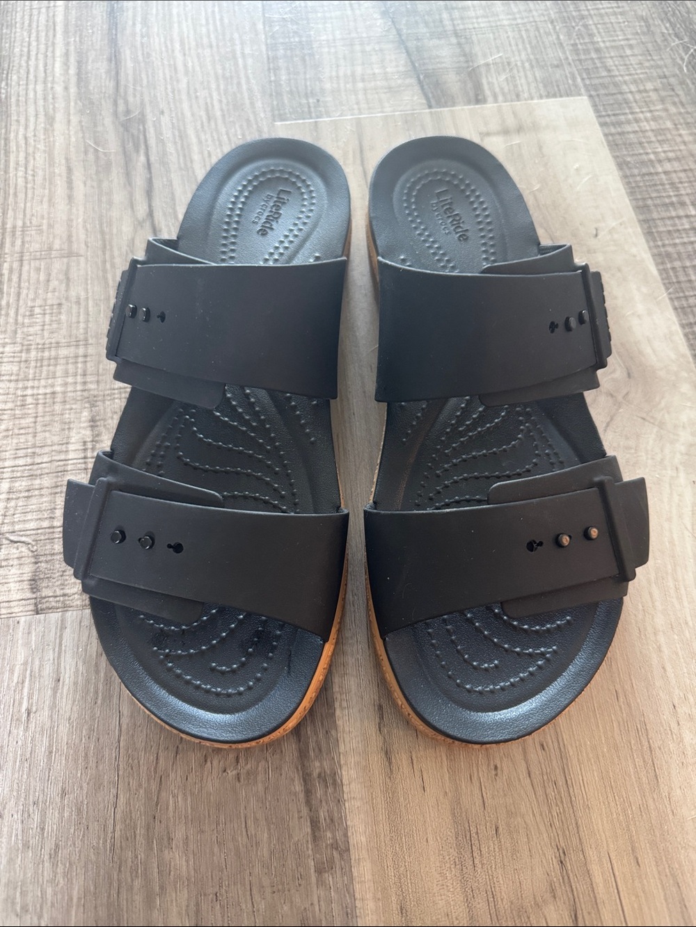 CROCS Black Double-Strap Slide Sandals with Cork-Look Sole - Picture 6 of 6